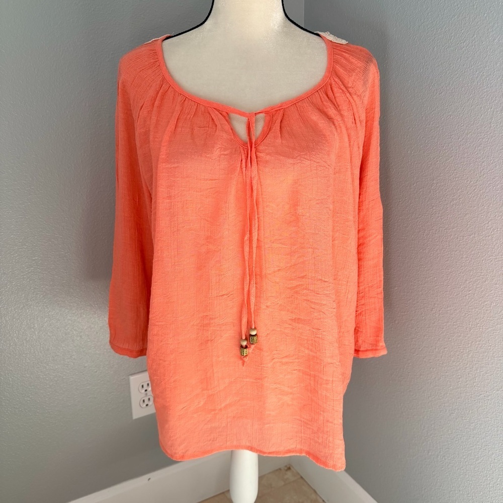 Maurice’s XXL Coral/Pink Boho Crinkle Blouse Crochet Back Peasant Top 3/4 Sleeve
